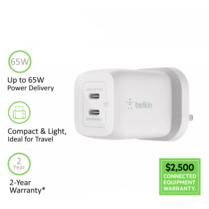Belkin BoostCharge PRO Dual USB-C® GaN Wall Charger with PPS 65W (iPhone, Samsung, Android phones, laptop, macbook)