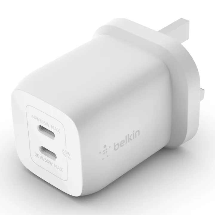 Belkin BoostCharge PRO Dual USB-C® GaN Wall Charger with PPS 65W (iPhone, Samsung, Android phones, laptop, macbook)