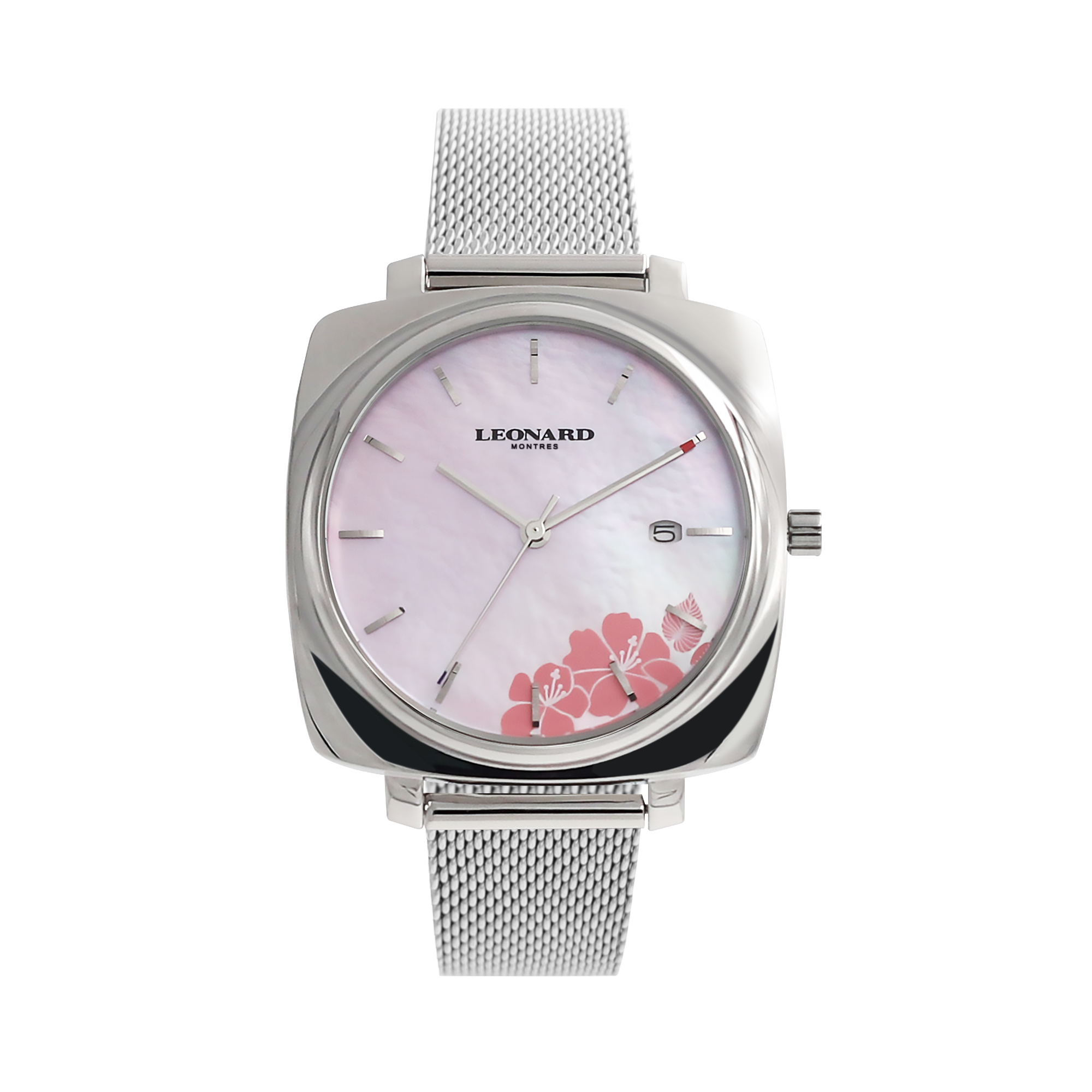 Leonard Montres Swiss 34mm ladies watch white Mother-of-Pearl dial with floral print and crystals