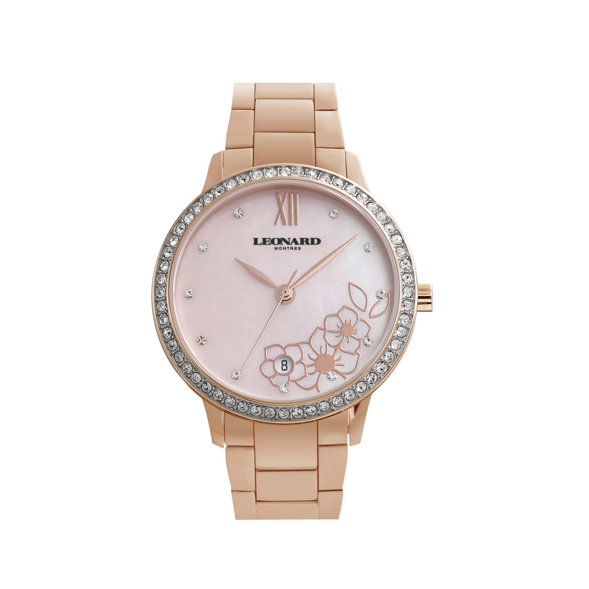 Leonard Montres Swiss ladies watch PVD rose gold case with pink Mother-of-Pearl dial with floral print. LL101815