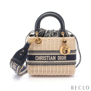 クリスチャンディオールChristianDiorLADYDIORミディアムウィッカー&ディオールオブリークジャガードかごバッグハンドバッグラタンレザーキャンバスアイボリーネイビー2WAYM0565CMVO【中古】