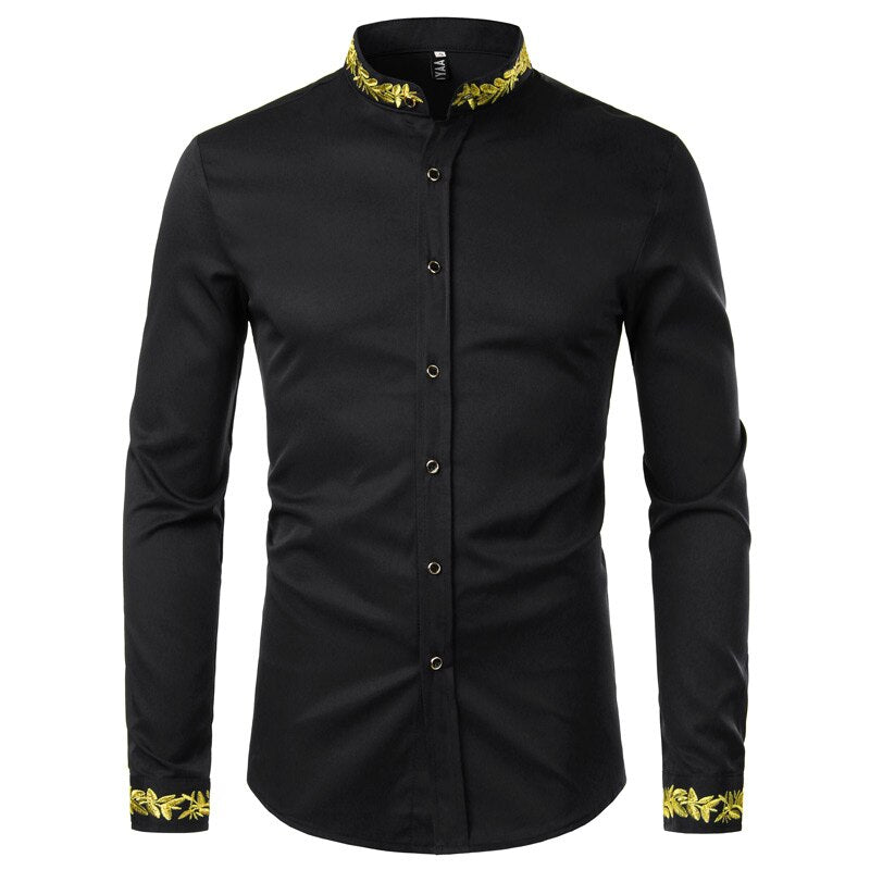 Gold Embroidery White Shirt Men Stand Collar Mens Dress Shirts Casual Slim Long Sleeve Chemise Homme Camisa Masculina