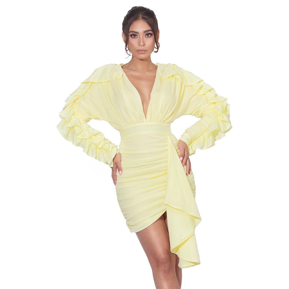 Pretty Banquet Dress Green Yellow Ruffled Long Sleeve V Neck Solid Color Ruched Mini Dress Summer Birthday Party Outfit