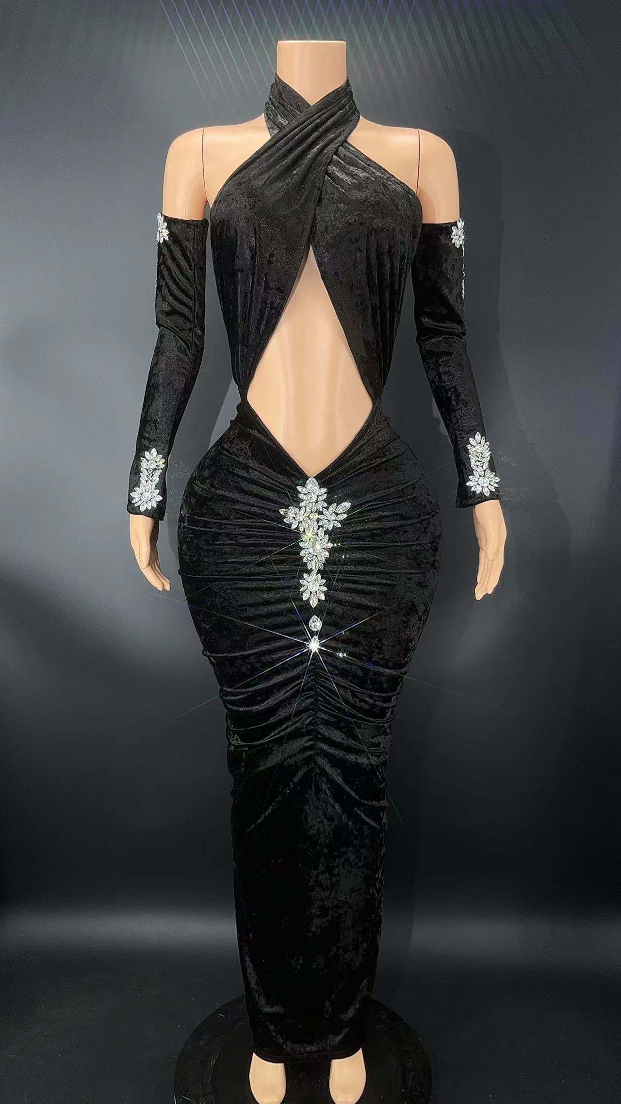 Sexy Evening Prom Gown Rhinestone Dress Gloves Black Velvet Hollow Ba Shop New Look 2348