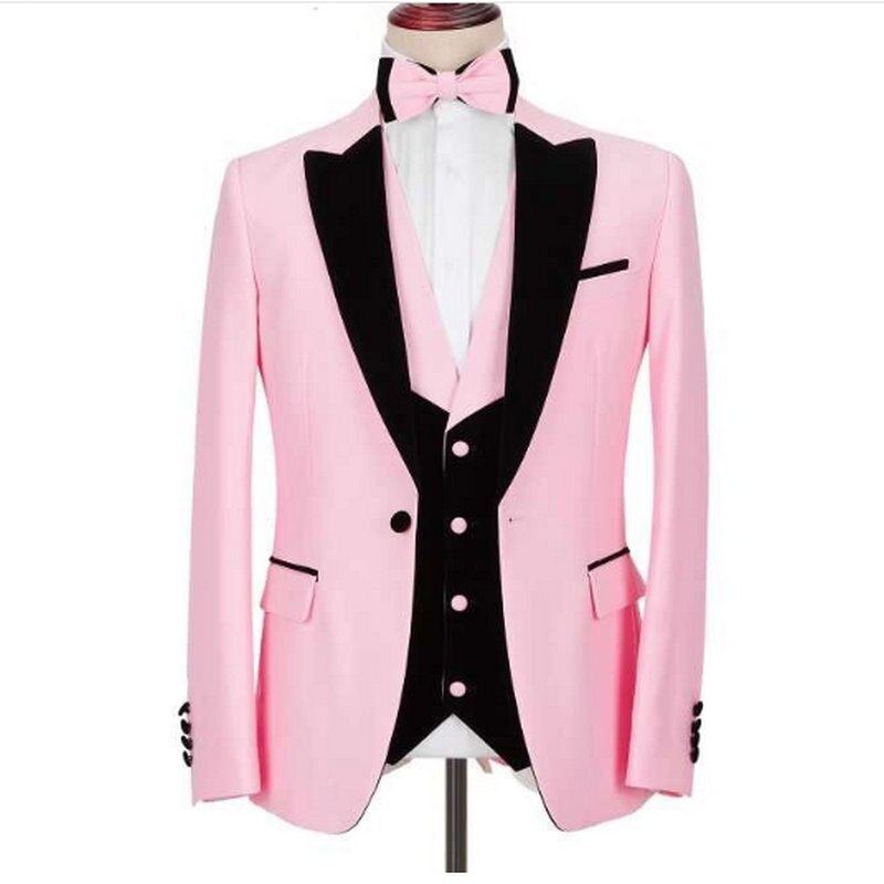 3 Pieces Set Wedding Groom Black Velvet Peaked Lapel Tuxedo Pink Blazer Slim Fit Prom Dress Suits For Men