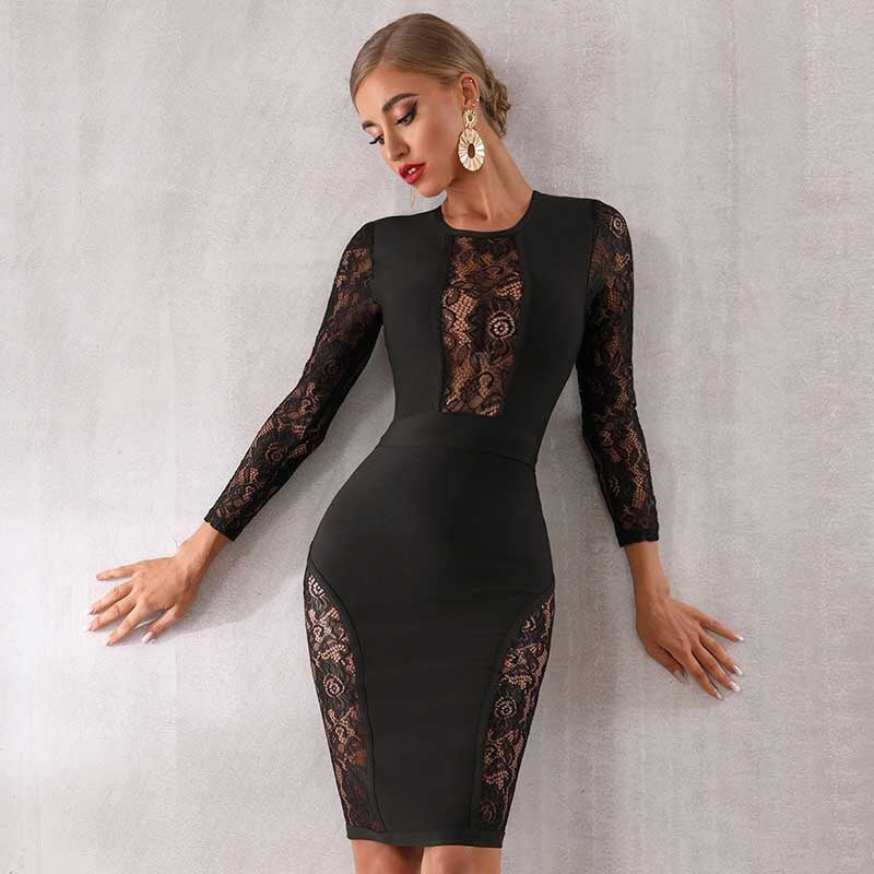 Wholesale 2020 New woman's dress Black and white long sleeves Lace pe