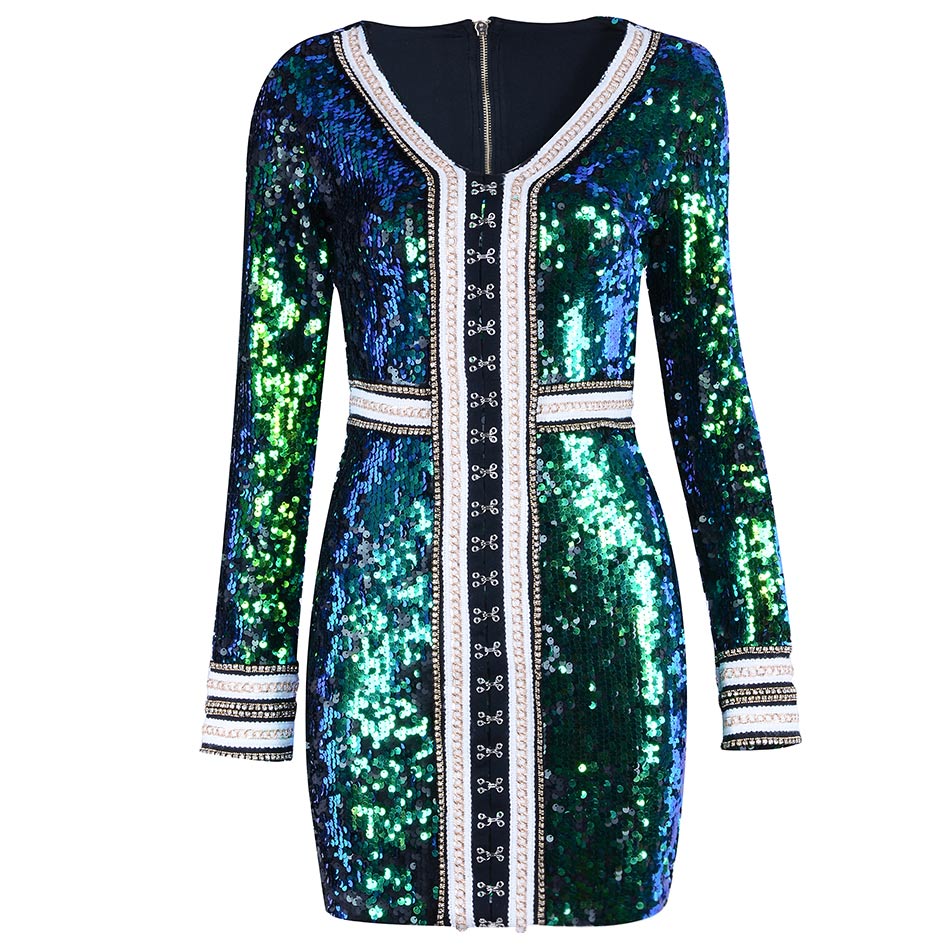 MultiColored Sequins Party Dress V Neck Long Sleeve Bodycon Mini Dress