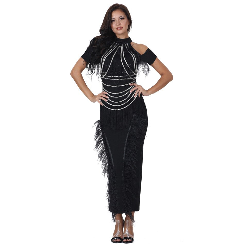 Feathered Evening Gown Off Shoulder Short Sleeve Beaded Chain Tassel Back Slit Long Maxi Dress