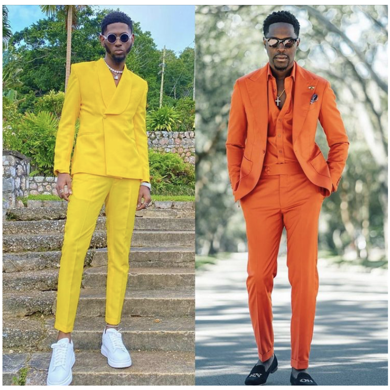 African Streetwear Yellow Orange Men Suits Groom Wedding Tuxedos Slim Fit Prom Blazer Terno Masculino 2 Pieces Jacket+Pant