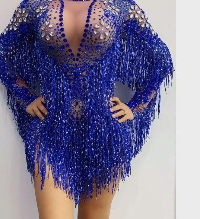 Blue Silver Rhinestones Transparent Fringe Bodysuit Birthday Celebrate Long Sleeves Dance Bar Women Singer Outfit