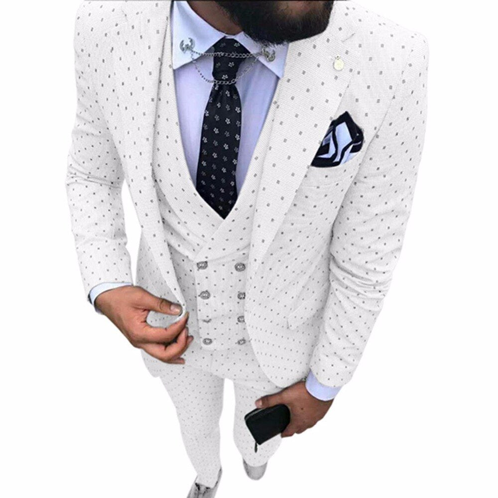 One Button White Polka Dot Groom Tuxedos Notch Lapel Groomsmen Mens Wedding Prom Suits (Jacket+Pants+Vest+Tie)