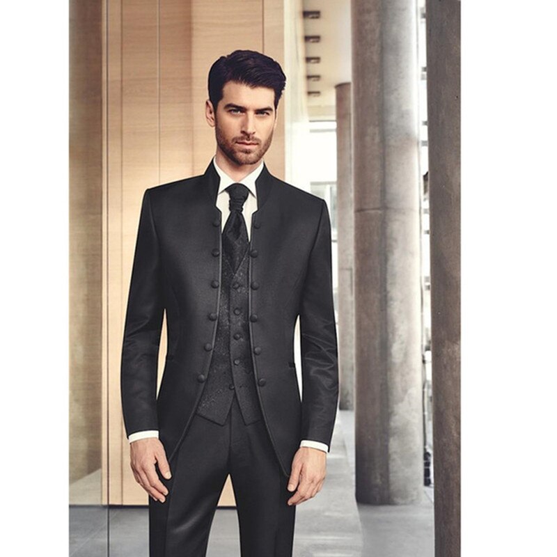 Black Stand Collar Slim Fit Tuxedos For Men 3 Piece Men Wedding Prom Dinner Suits Groomsman Groom Suit Custom Made