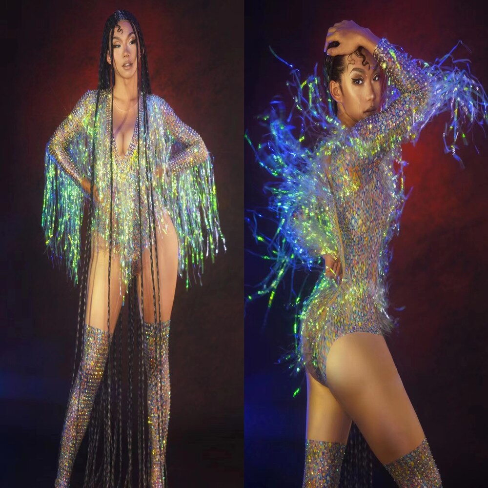 Flashing Fringes Ladies Long Sleeve Shinning Bodycon Jumpsuits Bar Performance Costume Stage Wear