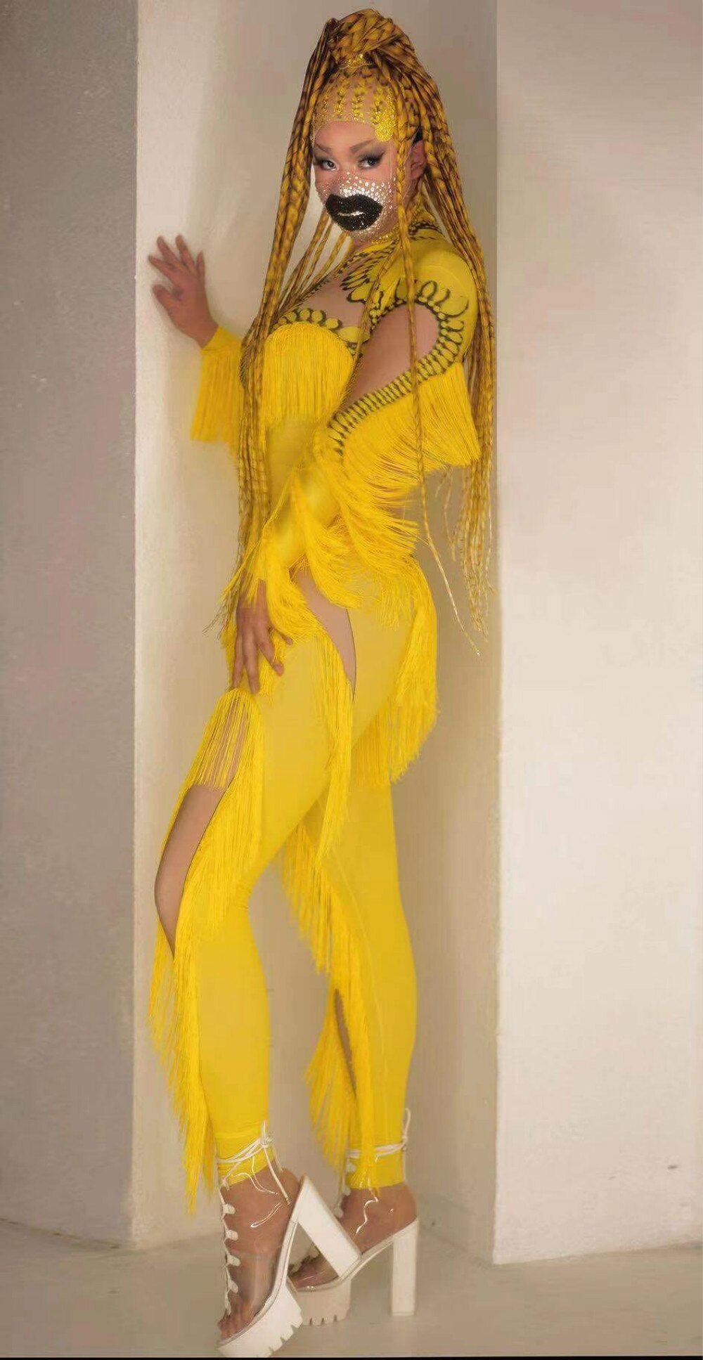 Yellow Tassel Jumpsuit Women Long Sleeve Spandex Skinny Fringe Leotar Shop New Look