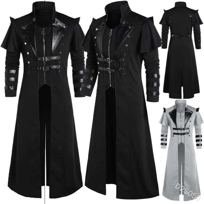 Halloween Medieval Steampunk Assassin Elves Pirate Costume For Adult Black Vintage Long Split Jacket Gothic Armor Leather Coats