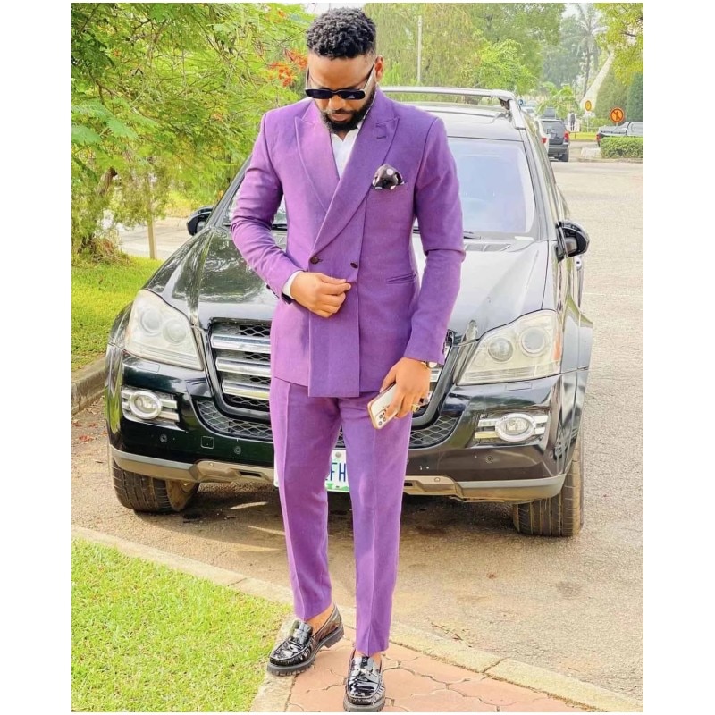 Latest Design Purple Double Breasted Men Suits Fashion Wedding Groom Wear Tuxedos Groom Party Prom Business Blazer Jacket+Pant