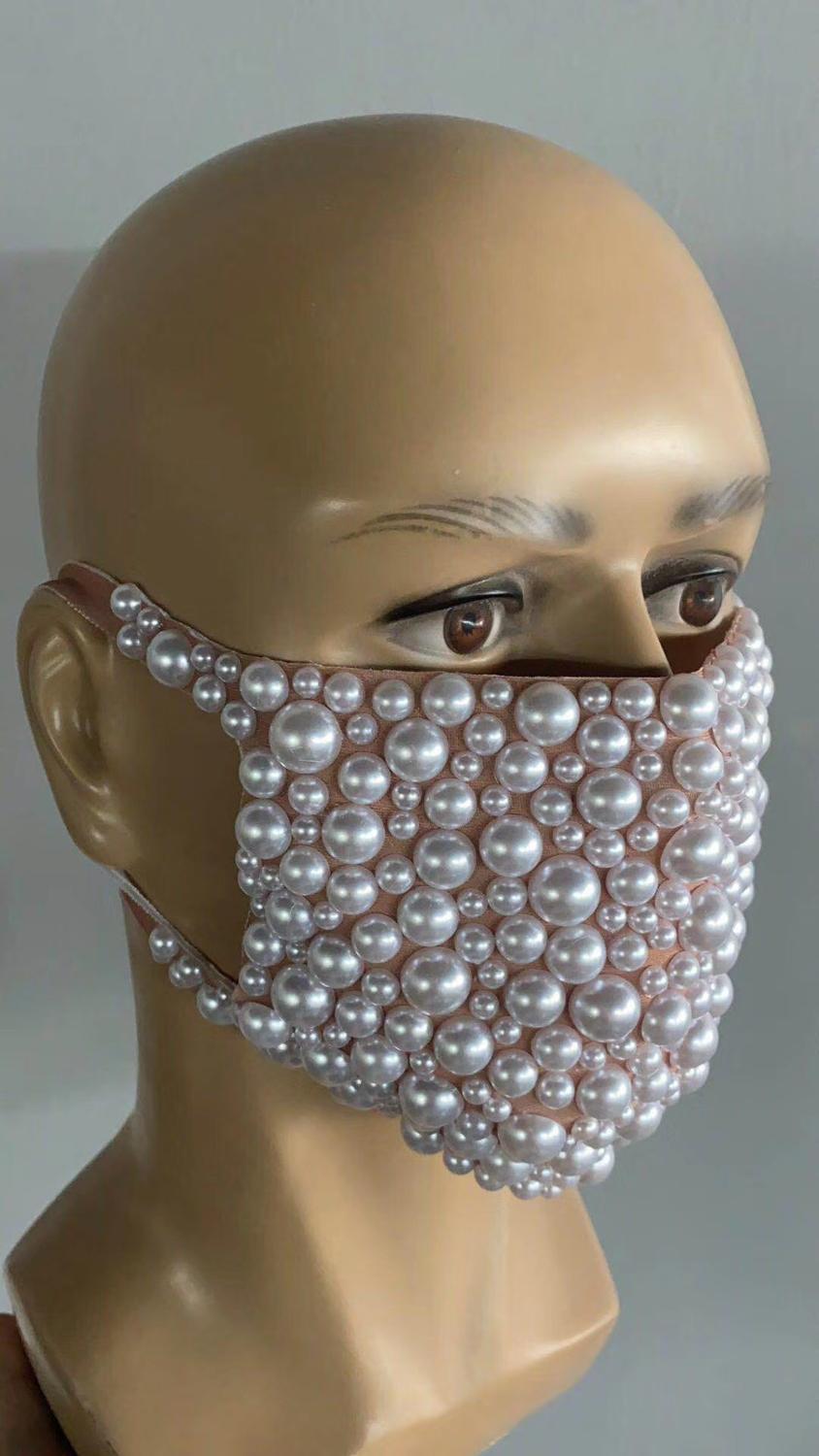Pearl Rhinestones Mask Male Stage Accessories Halloween Party Show Masked Singer Dancer Catwalk Performance Costume Mask