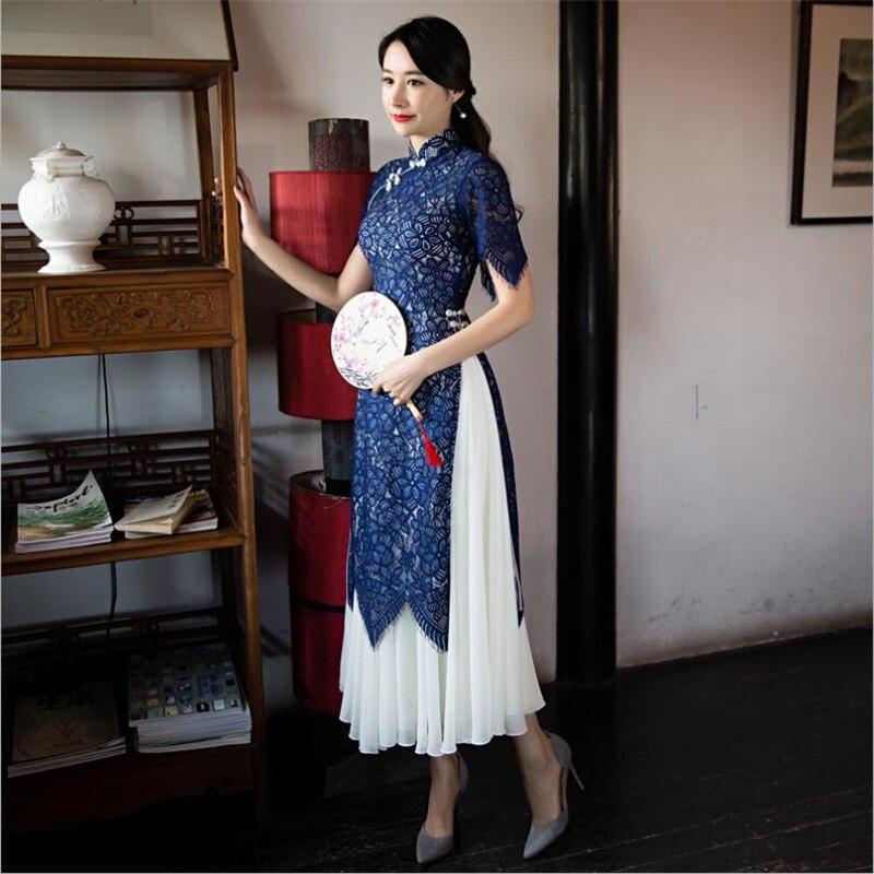 Lace Ao Dai Dresses Women Clothes Vietnam Traditional Cheongsam Suit Twopiece Modified Qipao 4230