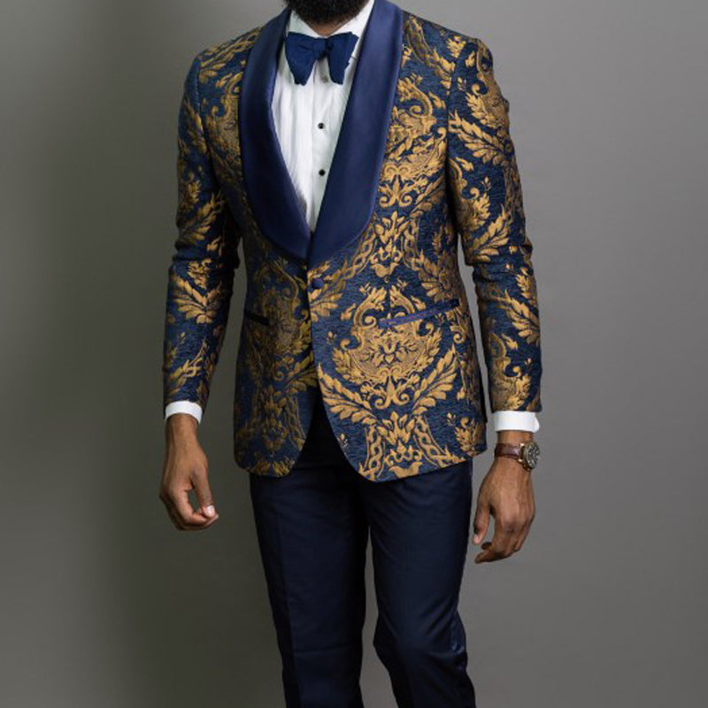 Navy Blue Floral Jacquard Prom Men Suits for Wedding 3 Piece Slim Fit Groom Tuxedo African Male Costume Jacket Pants