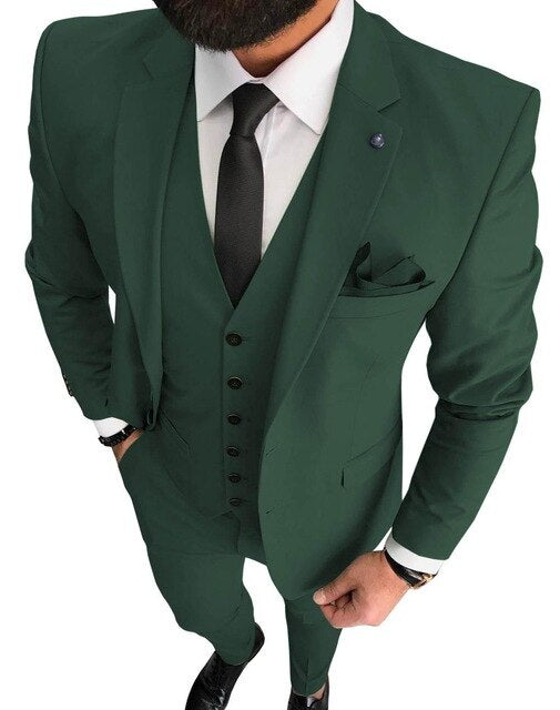 Dark Green Men's Suit 3 Pieces Formal Business Notch Lapel Tuxedos Slim Fit Groomsmen Suit Set Jacket+Vest+Pant