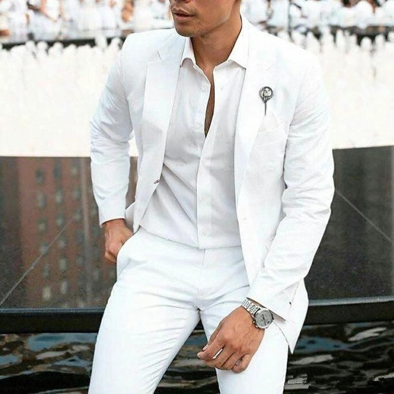 White Linen Groom Tuxedos Suits For Wedding 2 Piece Men Blazers Costume Homme Slim Fit Jacket+Pants