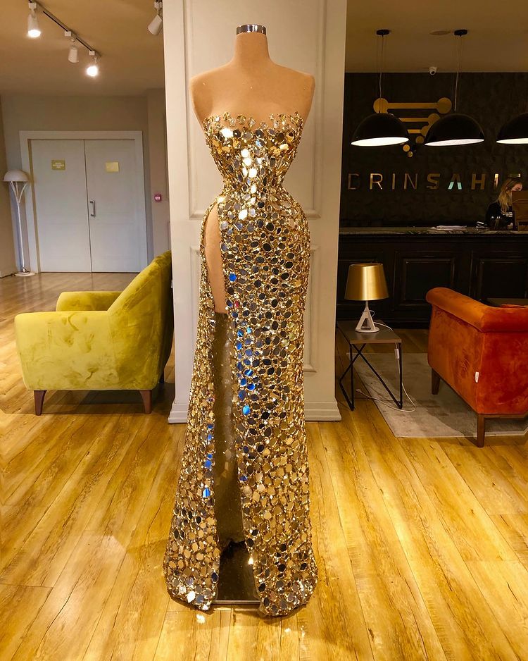 Gold Sexy Mermaid Prom Dresses 2022 High Split Sequined Party Gowns Custom Made Plus Size Prom Gowns Vestidos De Fiesta