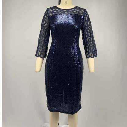 Women's Mesh Lantern Sleeve Sequins Pencil Dress