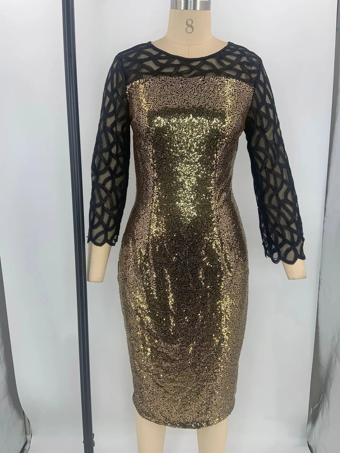 Women's Mesh Lantern Sleeve Sequins Pencil Dress