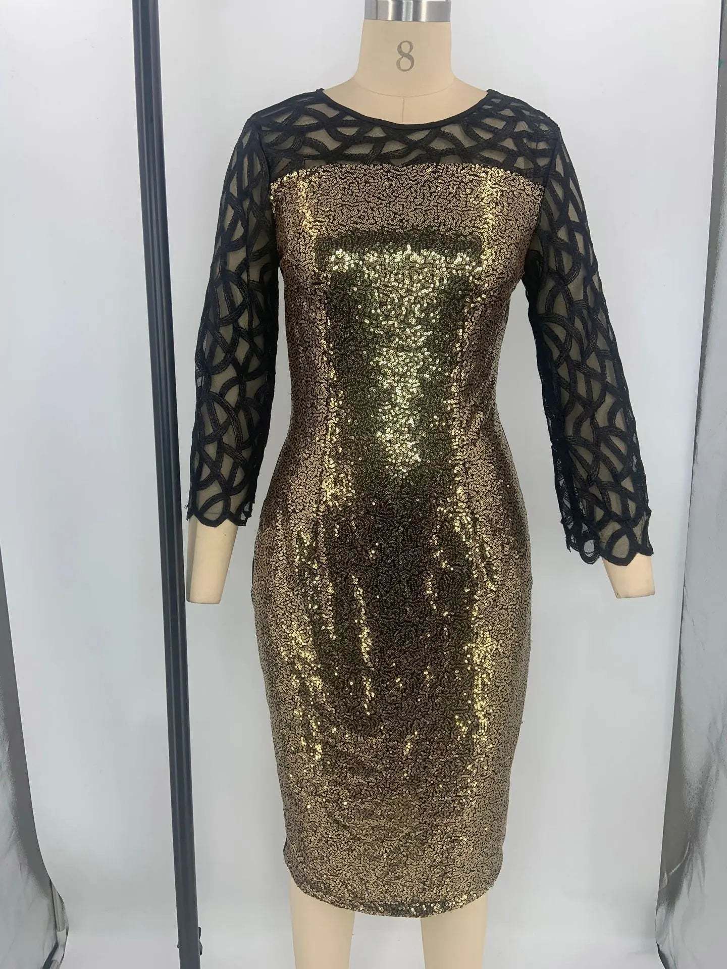 Women's Mesh Lantern Sleeve Sequins Pencil Dress