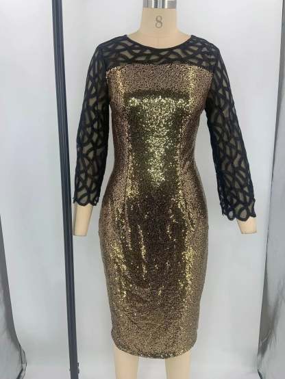 Women's Mesh Lantern Sleeve Sequins Pencil Dress