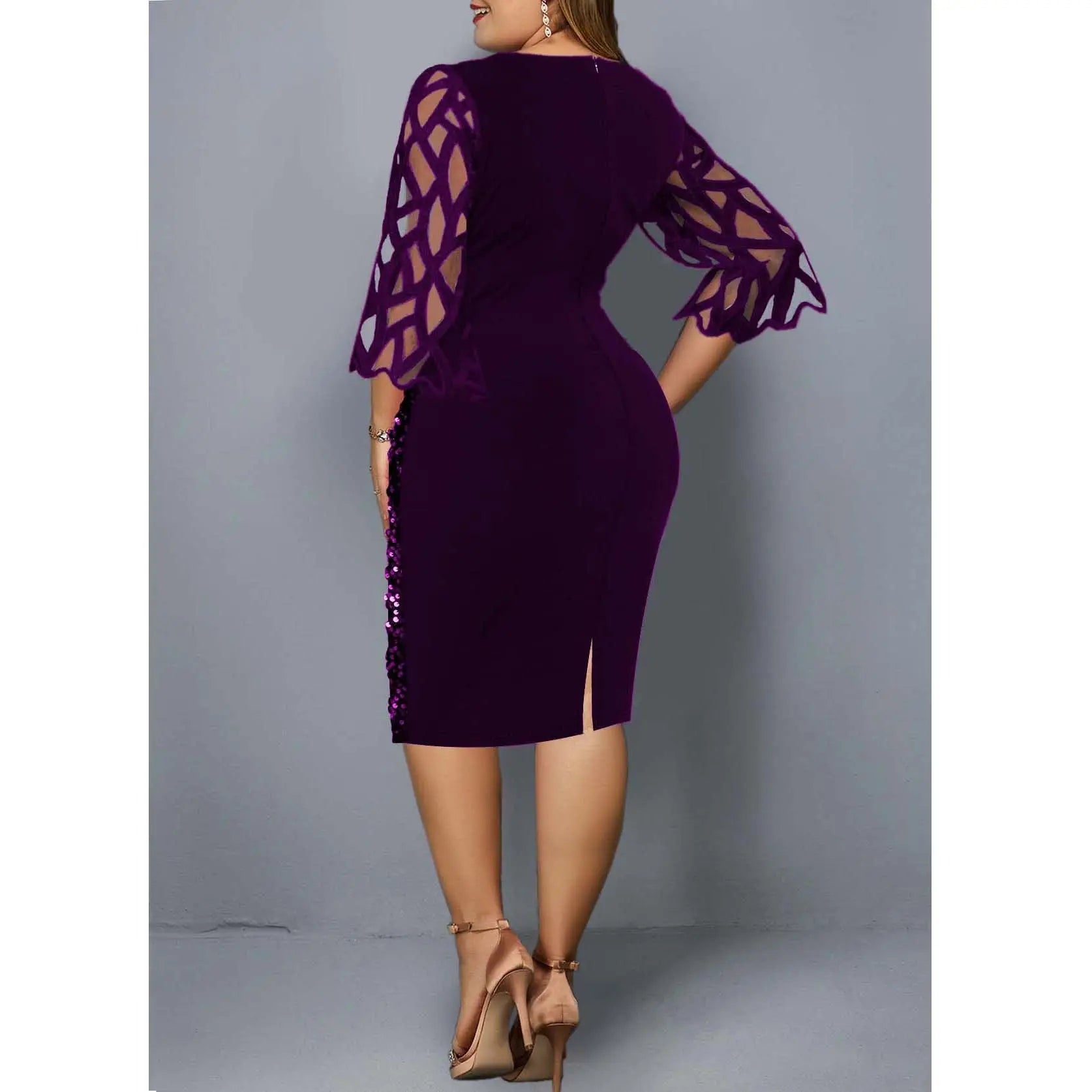 Women's Mesh Lantern Sleeve Sequins Pencil Dress
