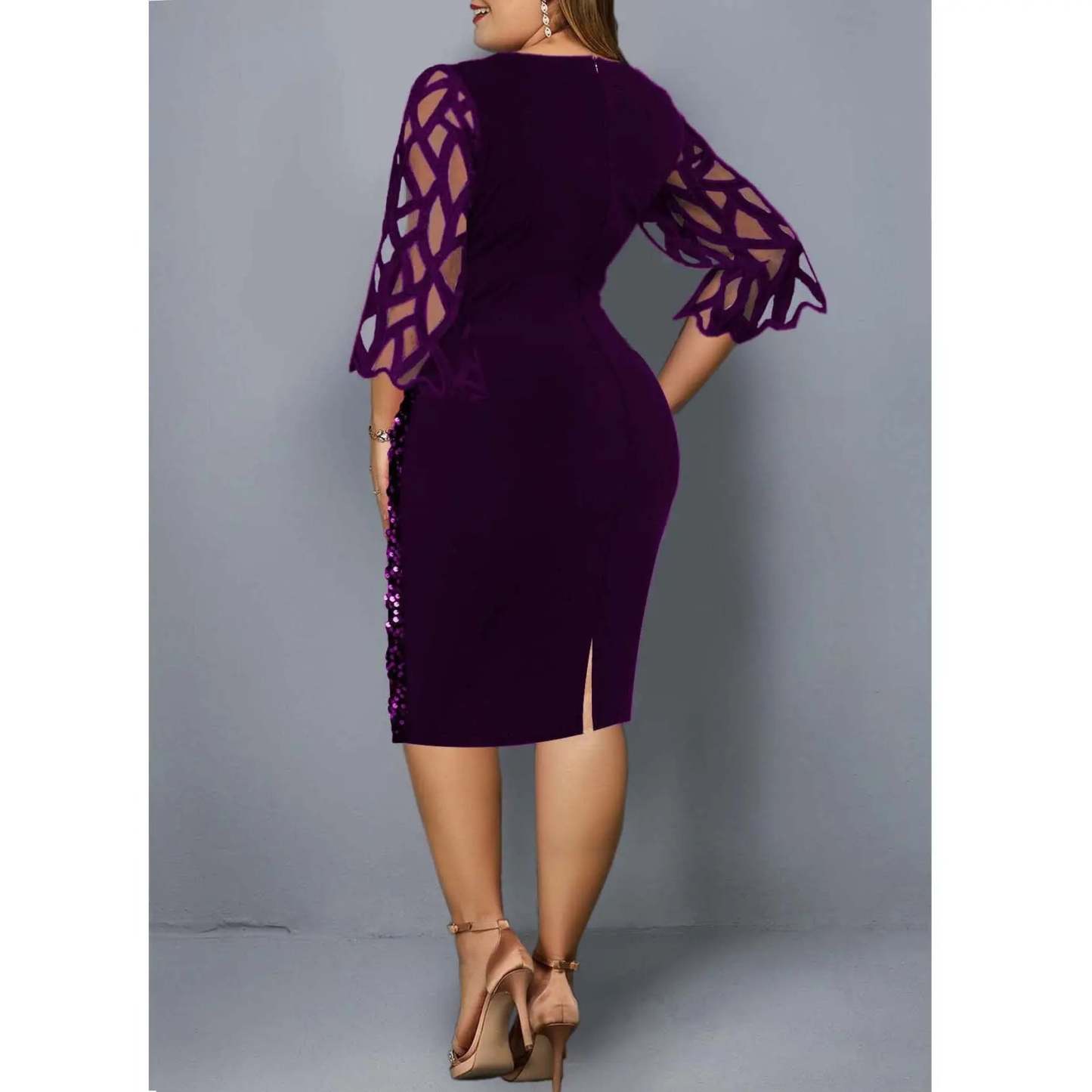 Women's Mesh Lantern Sleeve Sequins Pencil Dress