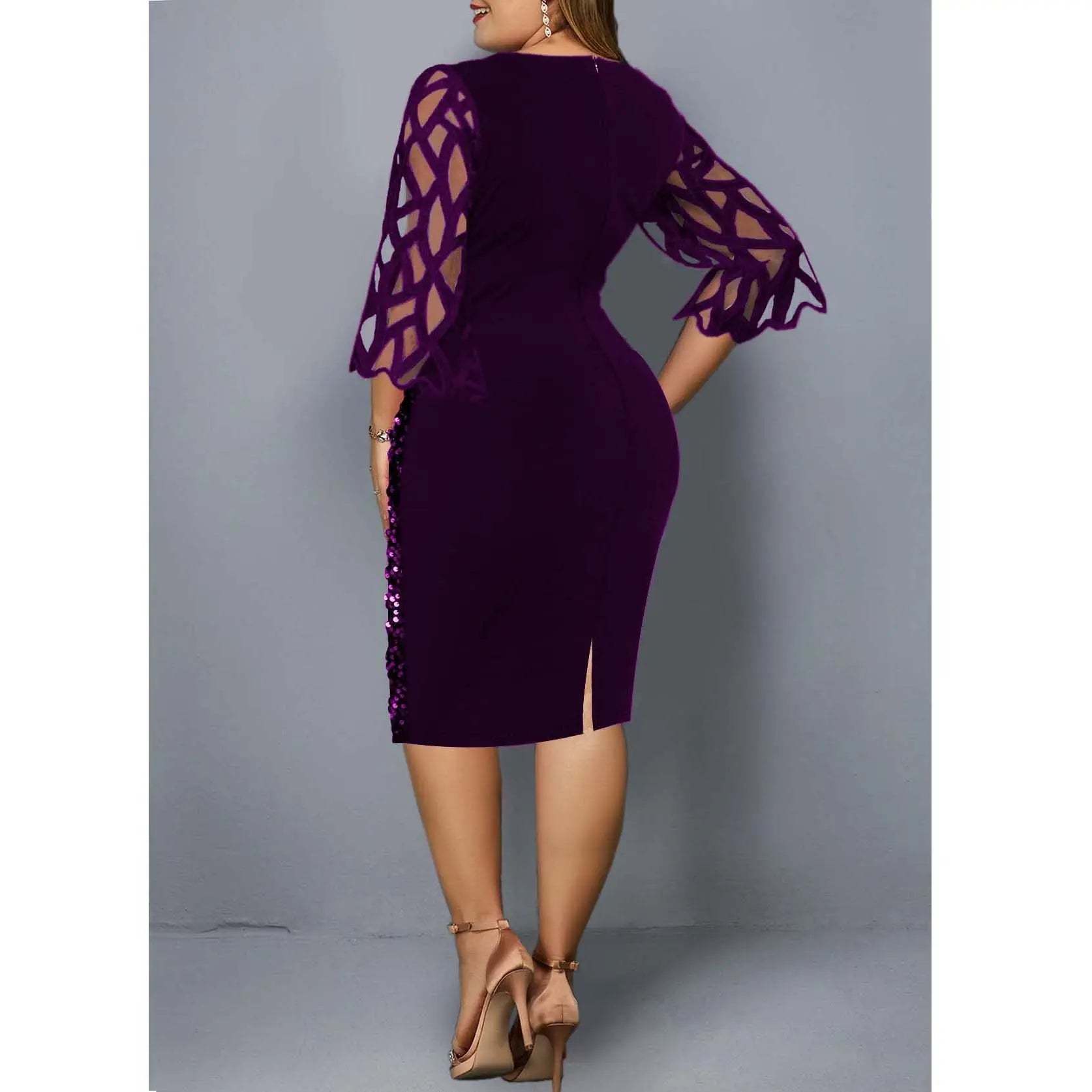 Women's Mesh Lantern Sleeve Sequins Pencil Dress