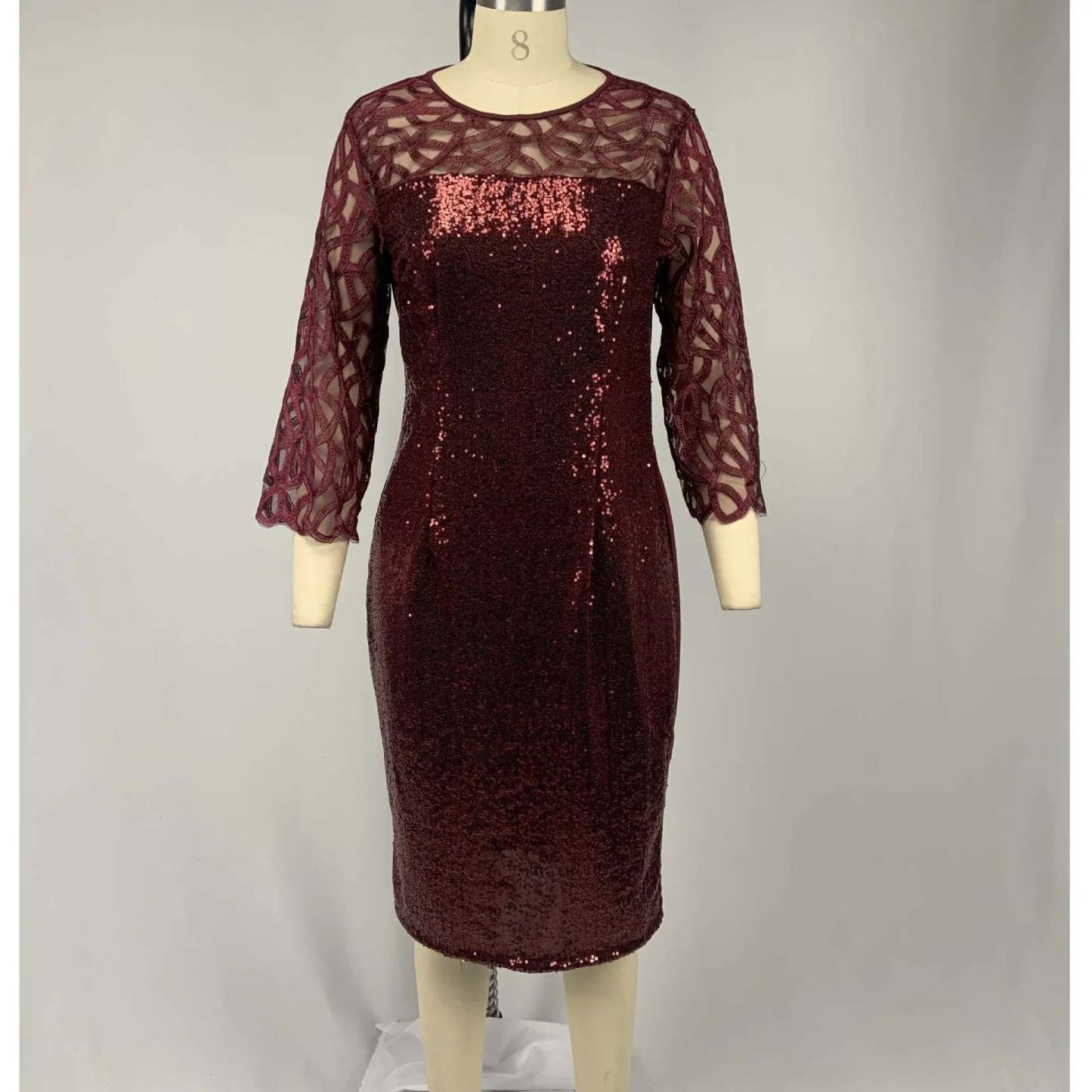 Women's Mesh Lantern Sleeve Sequins Pencil Dress