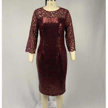 Women's Mesh Lantern Sleeve Sequins Pencil Dress