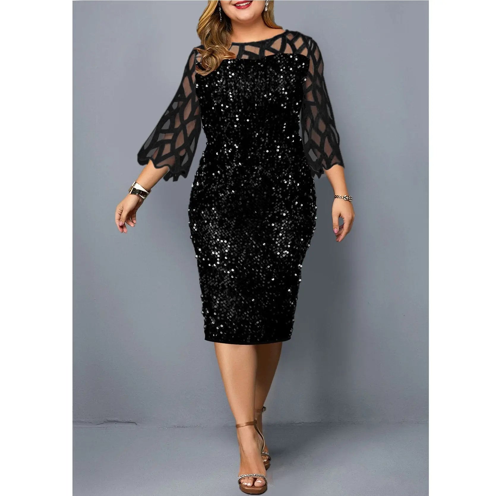 Women's Mesh Lantern Sleeve Sequins Pencil Dress