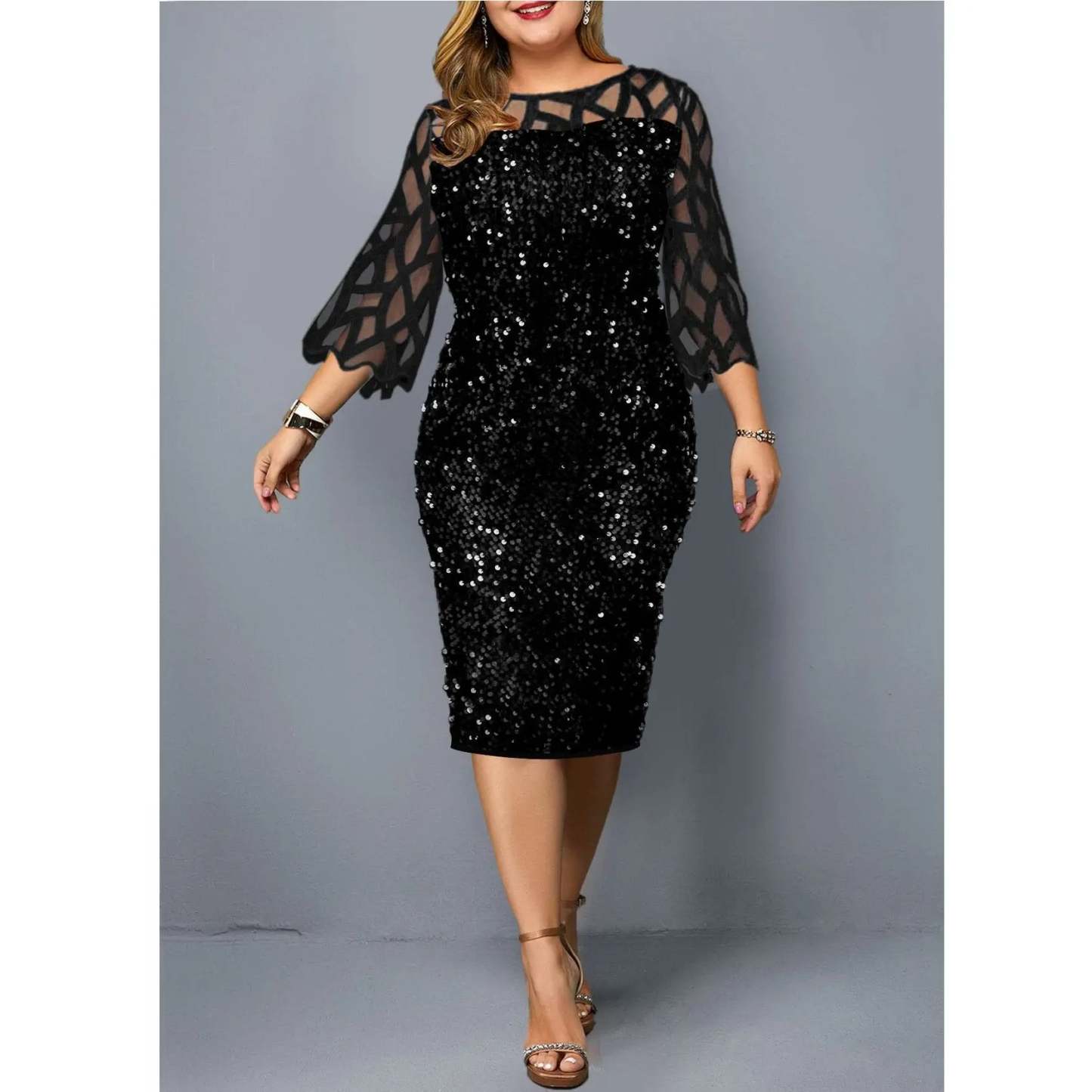 Women's Mesh Lantern Sleeve Sequins Pencil Dress