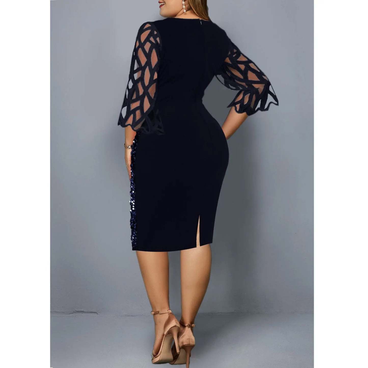 Women's Mesh Lantern Sleeve Sequins Pencil Dress