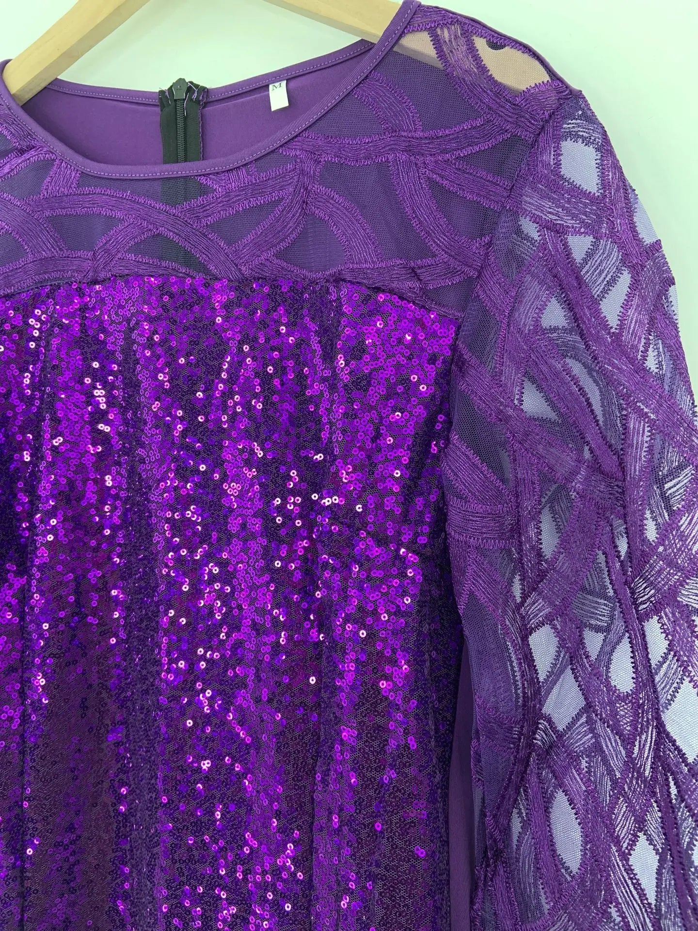 Women's Mesh Lantern Sleeve Sequins Pencil Dress