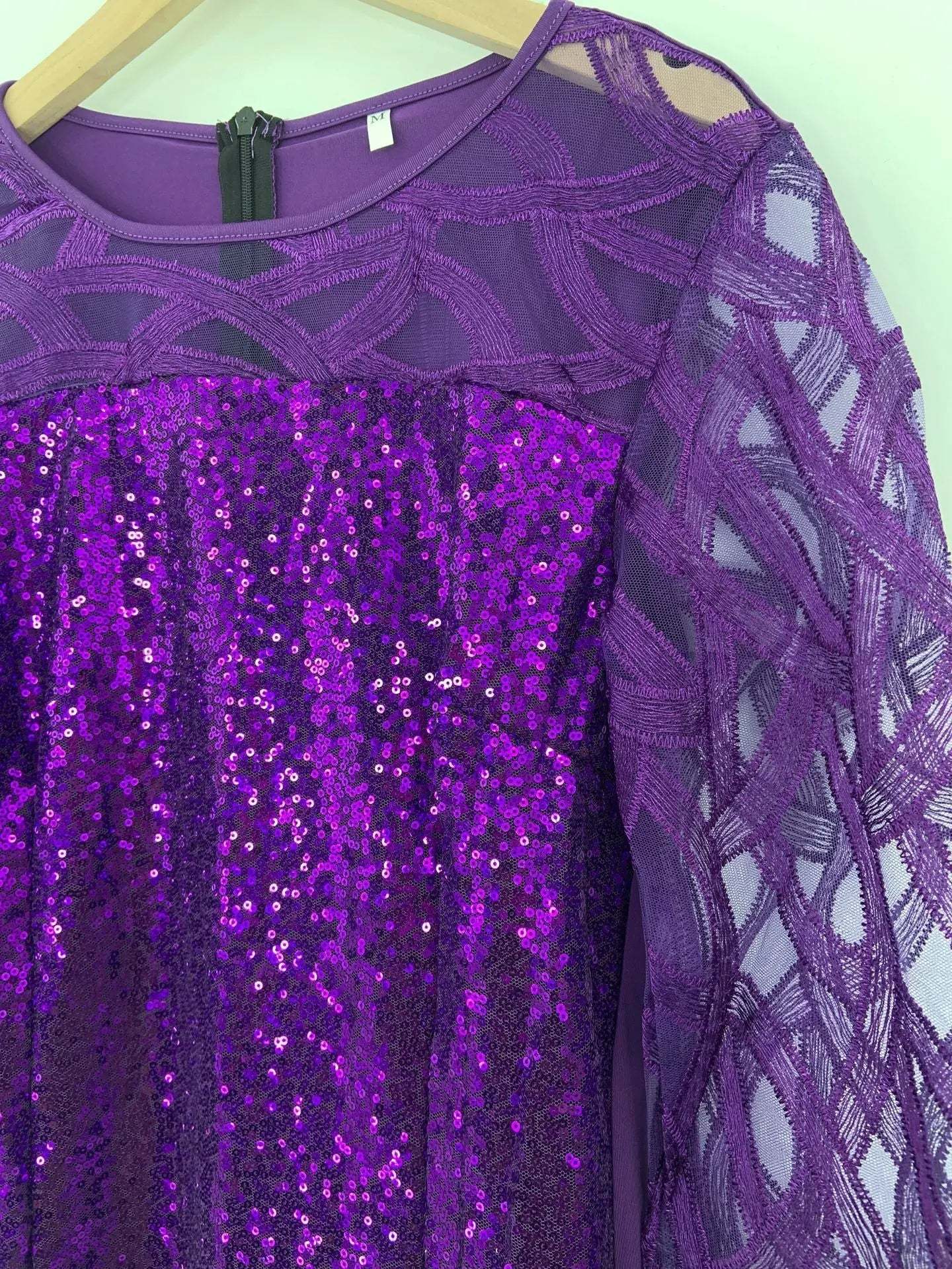 Women's Mesh Lantern Sleeve Sequins Pencil Dress