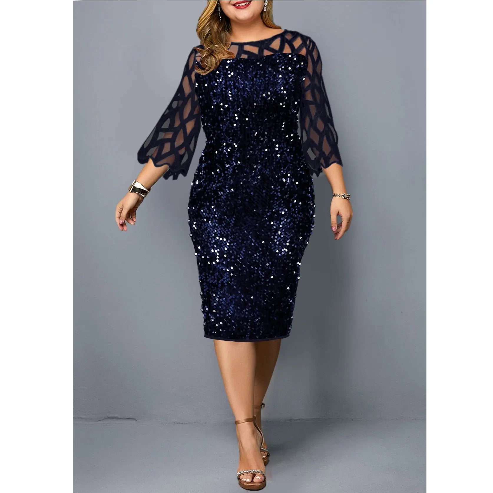 Women's Mesh Lantern Sleeve Sequins Pencil Dress