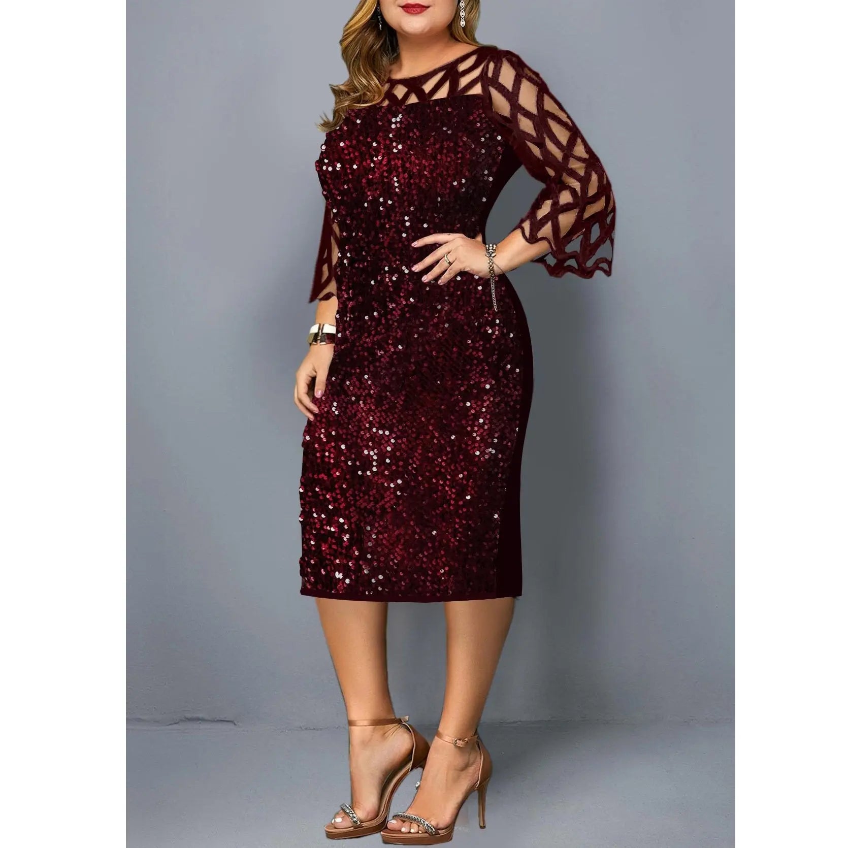 Women's Mesh Lantern Sleeve Sequins Pencil Dress