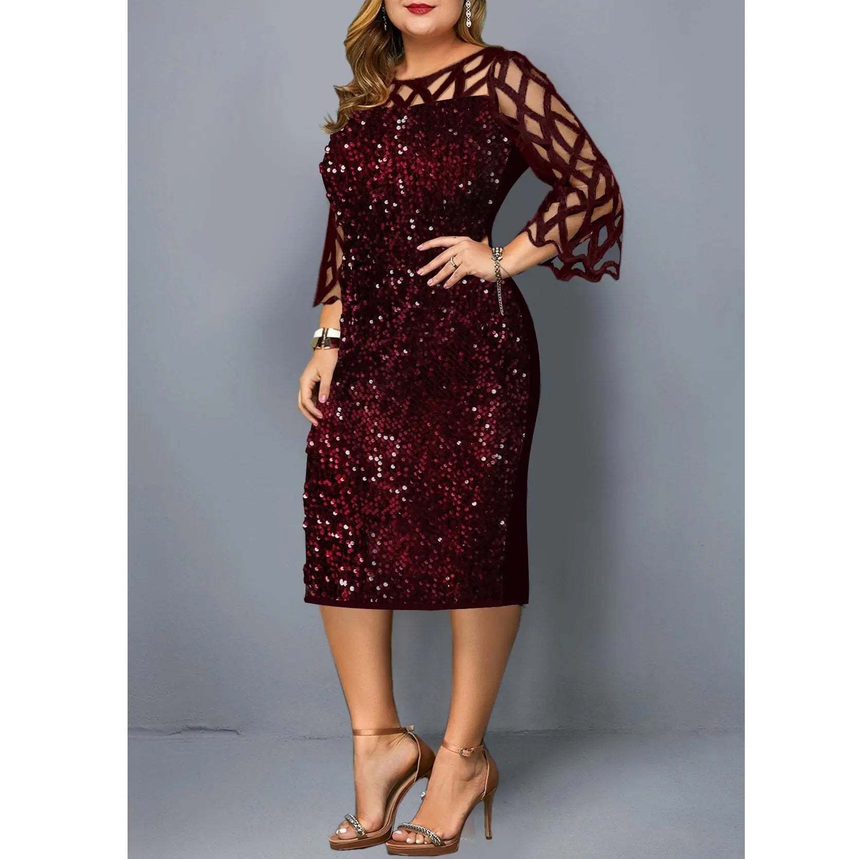 Women's Mesh Lantern Sleeve Sequins Pencil Dress