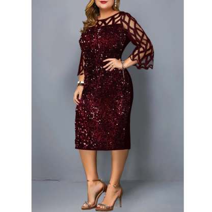 Women's Mesh Lantern Sleeve Sequins Pencil Dress