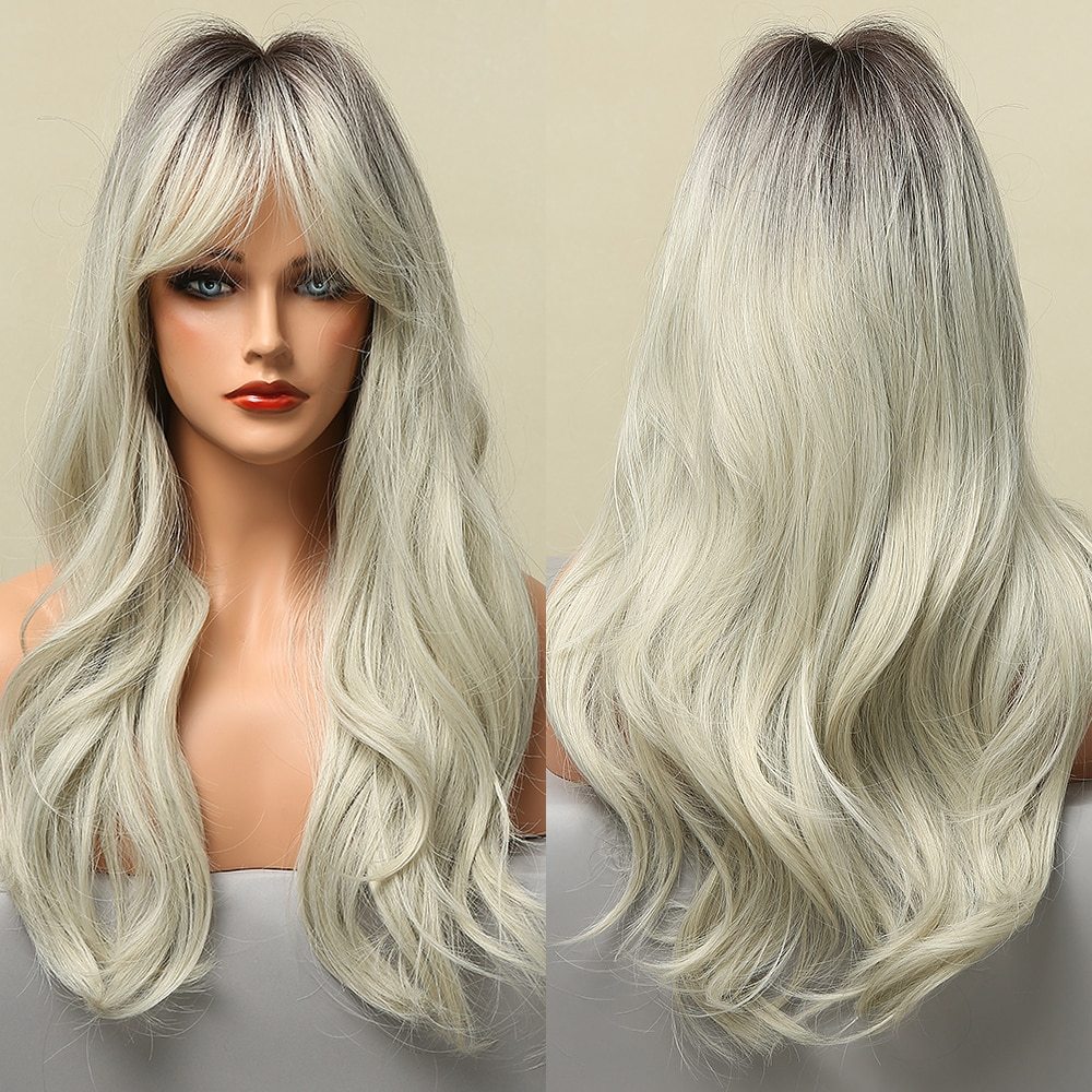 Long Light Ash Brown Blonde Natural Wavy Synthetic Wigs with Bangs Heat Resistant Fiber Daily Party Hair Cosplay Wigs for Women
