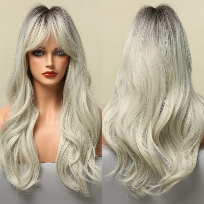 Long Light Ash Brown Blonde Natural Wavy Synthetic Wigs with Bangs Heat Resistant Fiber Daily Party Hair Cosplay Wigs for Women