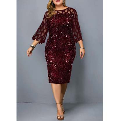 Women's Mesh Lantern Sleeve Sequins Pencil Dress