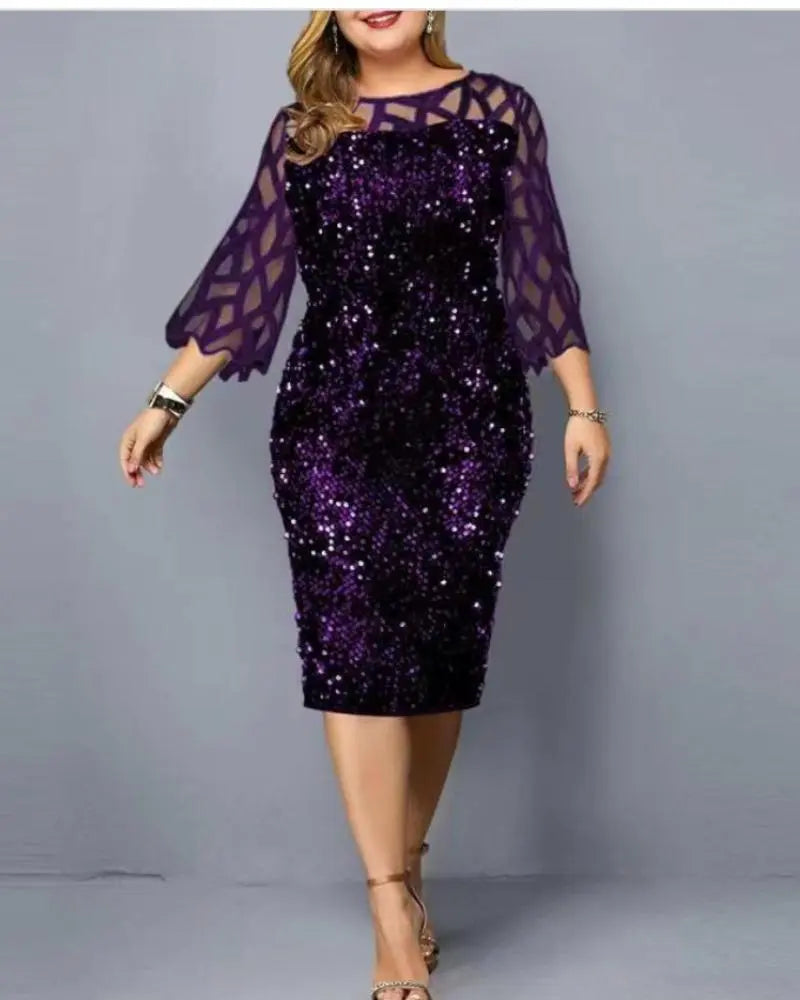 Women's Mesh Lantern Sleeve Sequins Pencil Dress
