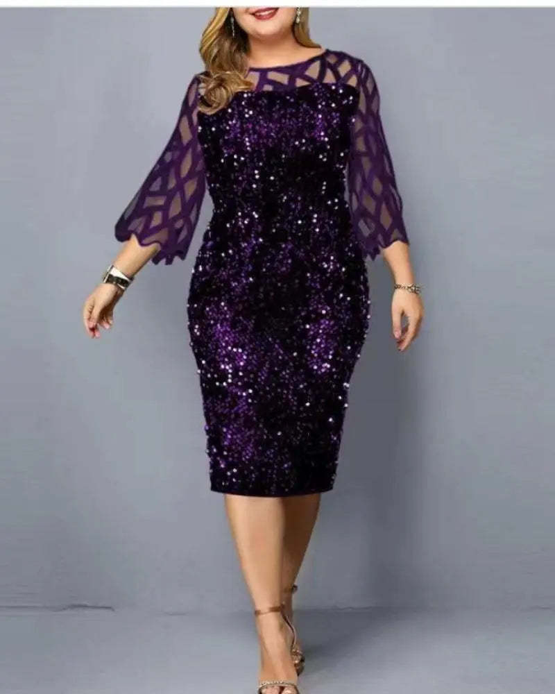 Women's Mesh Lantern Sleeve Sequins Pencil Dress