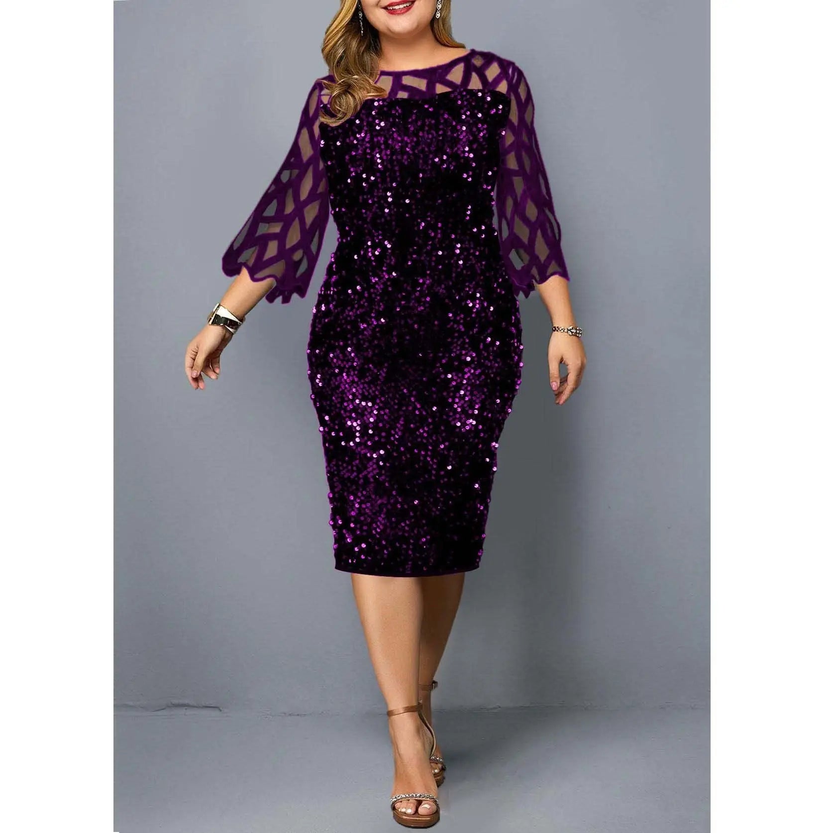 Women's Mesh Lantern Sleeve Sequins Pencil Dress
